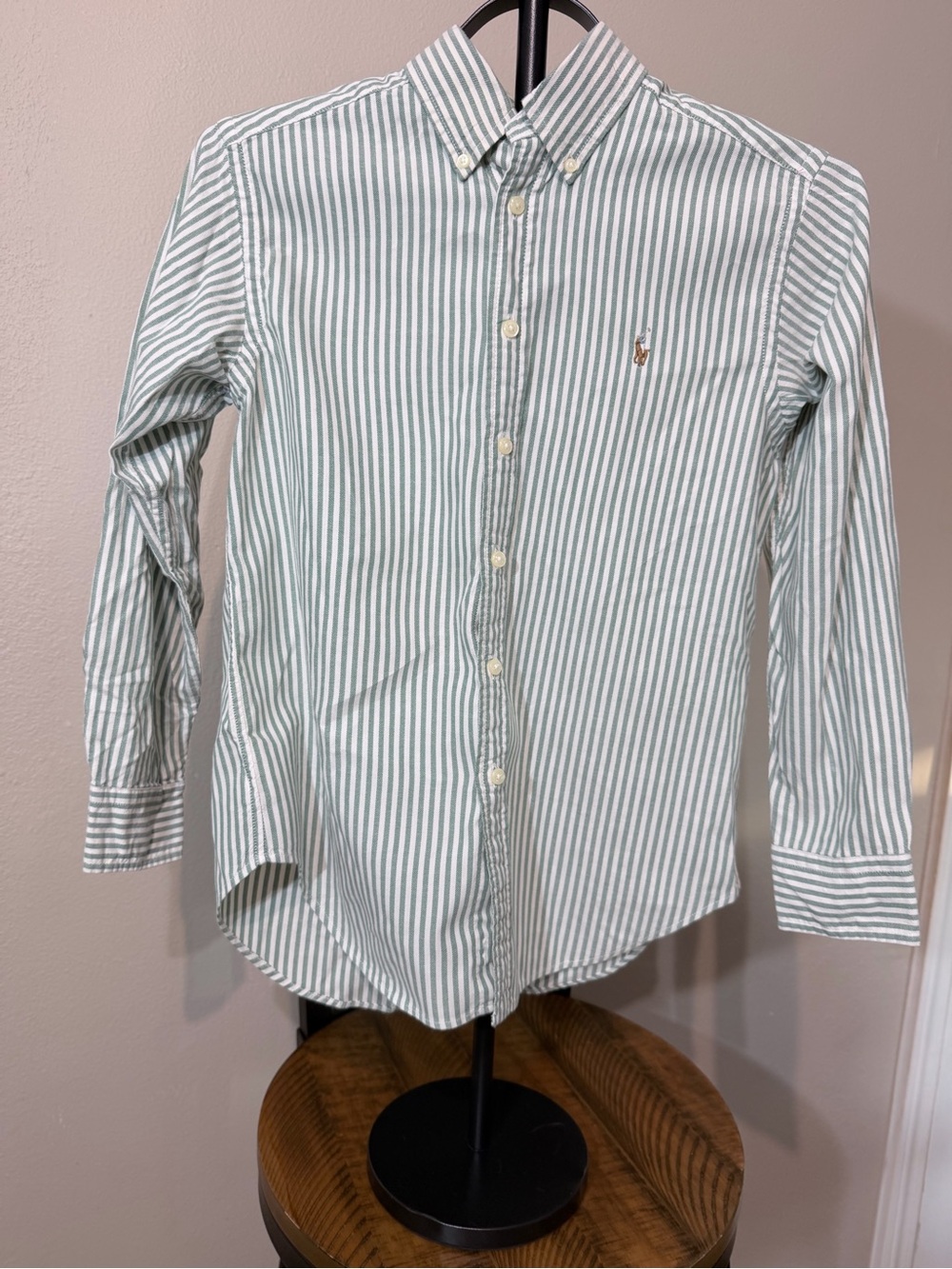 Ralph Lauren Boys Green/White Striped Cotton Button-Up Shirt M 10/12